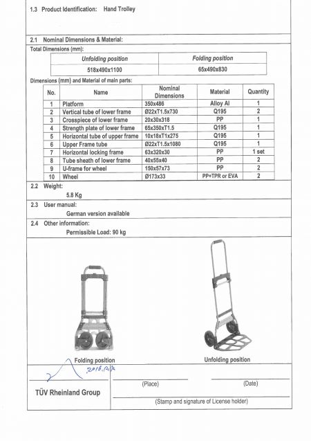 Handwagen Belastung 90 KG GS-Prüfbericht
